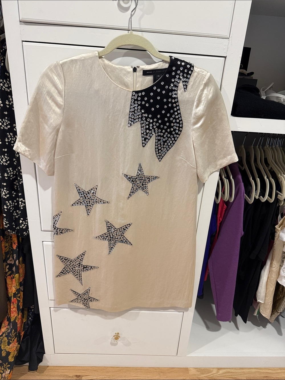 Embellished Star Short-Sleeve Silk Top in Cream